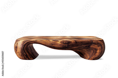 Abstract wooden coffee table with organic, flowing design on a transparent background