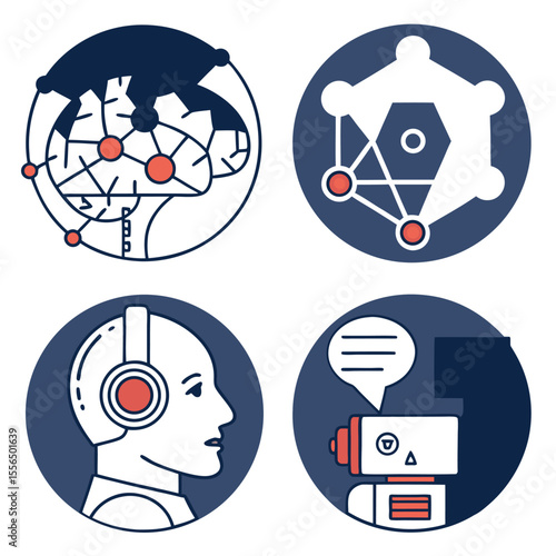 Artificial intelligence icon set — AI brain, neural net, machine learning, chatbot, automation

