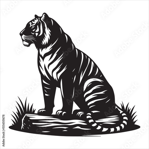 siting  cute tiger Silhouette Vector Art, and Graphic, vector black color silhouette , solated white background 