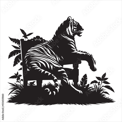 siting  cute tiger Silhouette Vector Art, and Graphic, vector black color silhouette , solated white background 