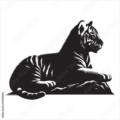 siting  cute tiger Silhouette Vector Art, and Graphic, vector black color silhouette , solated white background 