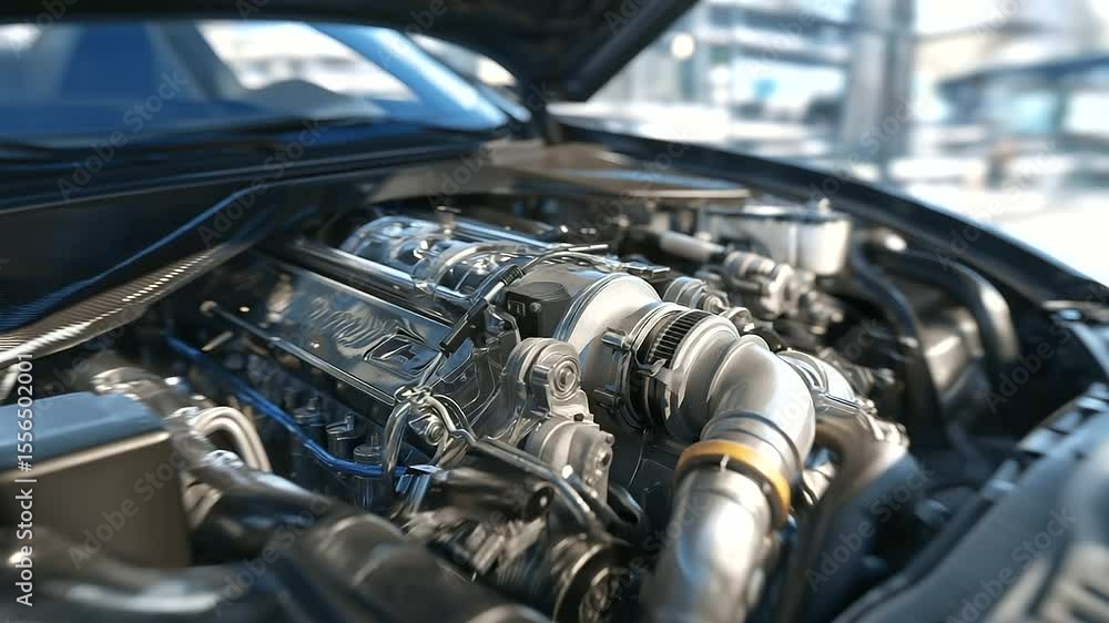 Engine bay close-up with detailed textures of pistons and cylinders ...