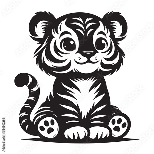 siting  cute tiger Silhouette Vector Art, and Graphic, vector black color silhouette , solated white background 