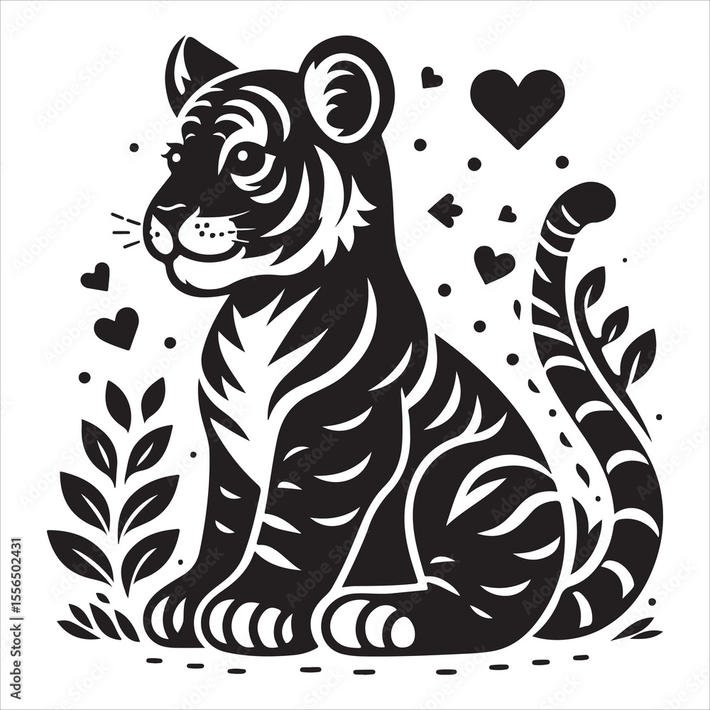 Obraz premium siting cute tiger Silhouette Vector Art, and Graphic, vector black color silhouette , solated white&nbsp;background 