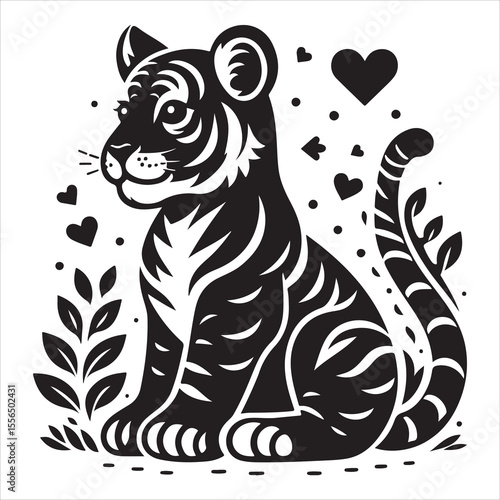 siting  cute tiger Silhouette Vector Art, and Graphic, vector black color silhouette , solated white background 