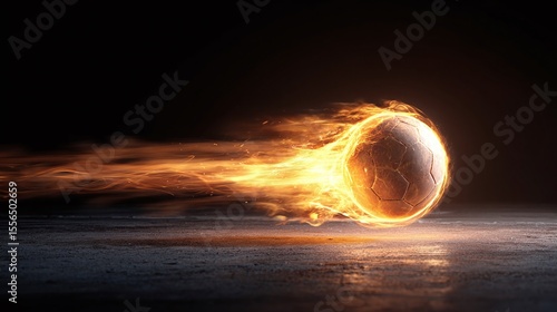 A sports ball engulfed in vibrant flames, hurtling forward with speed and intensity against a dark background. A symbol of fiery passion for the game.