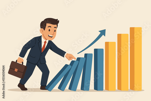 Business leader initiating domino effect, concept of small actions driving major business growth, success, leadership impact, strategic decision, rising bar chart, cartoon vector illustration