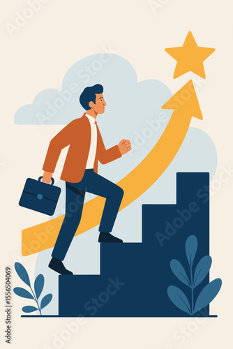 Businessman Climbing Stairs to Success, Career Growth Motivation, Achieving Goals, Professional Development, Ambition, Leadership, Modern Flat Vector Illustration, Pathway to Achievement