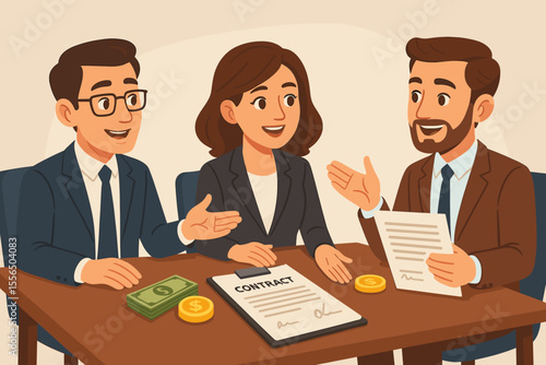 Business professionals negotiating contract agreement, financial deal discussion at meeting table, diverse team collaboration, paperwork, money, partnership, corporate strategy vector illustration