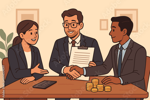 Business team negotiation, contract signing, financial agreement, investment discussion, corporate partnership, business deal, money management, legal paperwork, office meeting, vector illustration