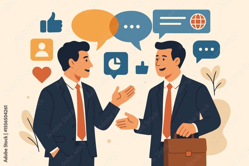 Businessmen Discussing Social Media Communication, Online Networking, Digital Marketing, Teamwork, News Updates, Chat Dialogue, Speech Bubbles, Collaboration, Flat Style Vector Illustration Businessmen Discussing Social Media Communication, Online Networking, Digital Marketing, Teamwork, News Updates, Chat Dialogue, Speech Bubbles, Collaboration, Flat Style Vector Illustration