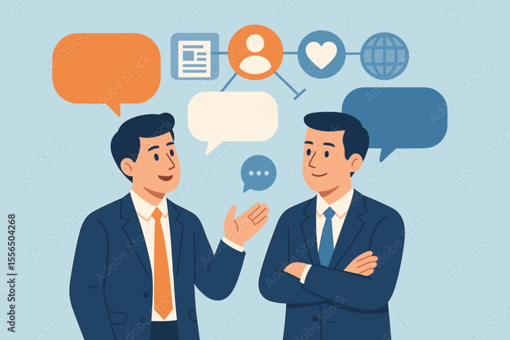 Businessmen Communication Concept, Corporate Discussion, Social Media Networking, Online Chat, Dialogue Speech Bubbles, Modern Flat Style Vector, Digital Collaboration Illustration Businessmen Communication Concept, Corporate Discussion, Social Media Networking, Online Chat, Dialogue Speech Bubbles, Modern Flat Style Vector, Digital Collaboration Illustration