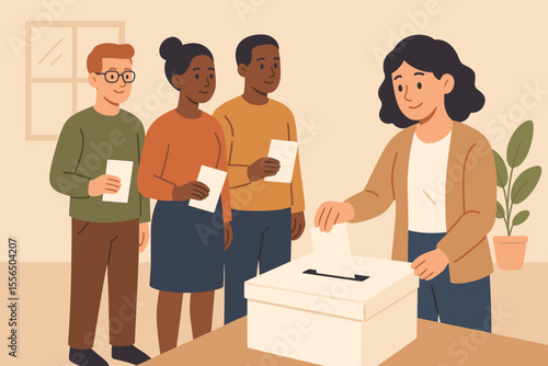 Diverse group of voters standing in line at polling station casting ballots in election. Democracy, voting process, civic engagement, government decision, people’s choice, modern flat illustration