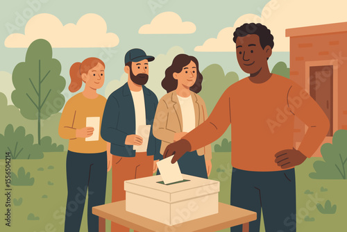 Voters in Queue Casting Ballots at Polling Station. Election Campaign, Democracy, Civic Participation, Voting Process, Government Choice, People Making Decision. Modern Flat Vector Illustration