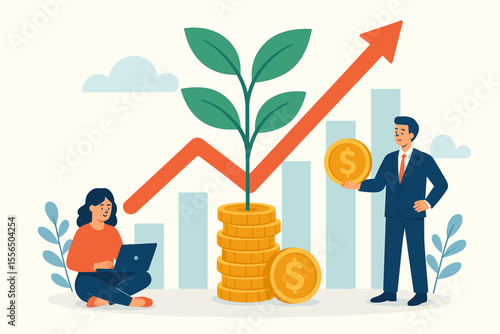 Investment growth concept, financial success, profit increase, capital gains, money management, wealth accumulation, man nurturing money plant, economic prosperity, flat vector illustration