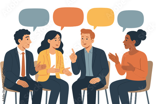 Diverse group discussion illustration. Team meeting, brainstorming ideas, exchanging opinions, collaborative communication, speech bubbles, teamwork, business conversation, office concept art.