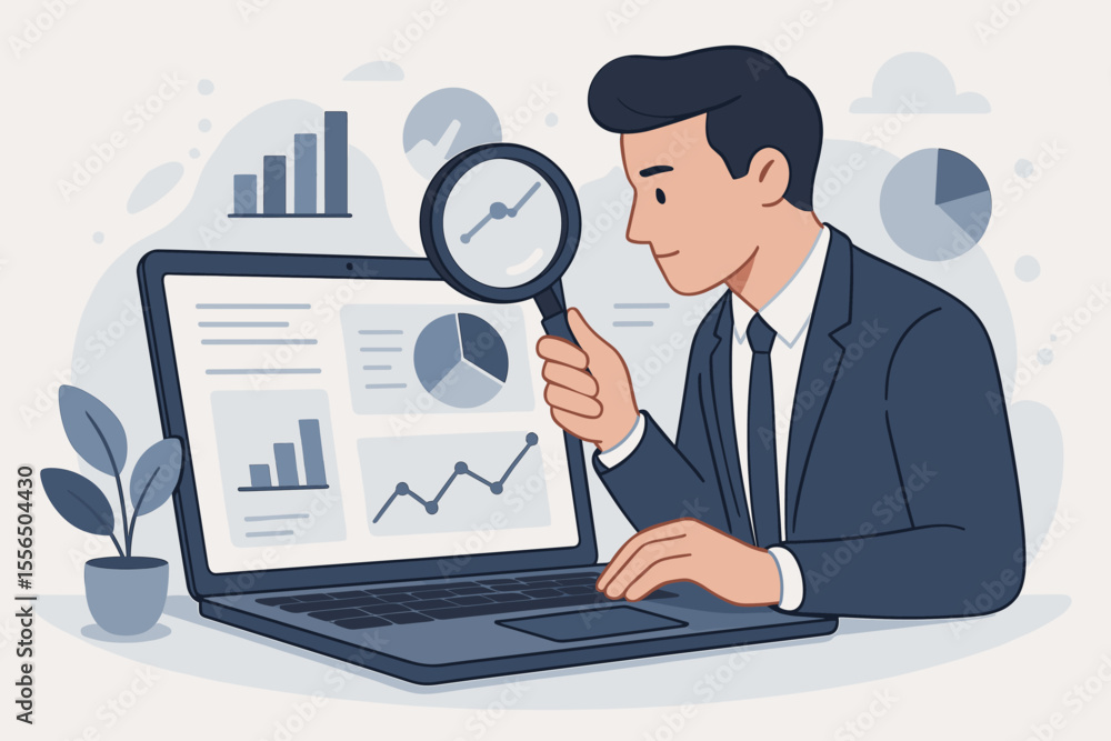 Business Data Analysis, Market Research, Financial Report Review, SEO Analytics, Profit and Earnings Concept, Analyst Examining Charts and Graphs on Laptop with Magnifying Glass Business Data Analysis, Market Research, Financial Report Review, SEO Analytics, Profit and Earnings Concept, Analyst Examining Charts and Graphs on Laptop with Magnifying Glass