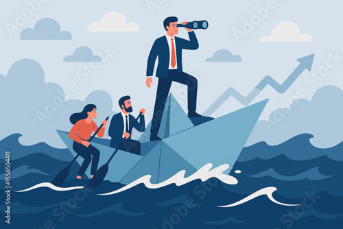 Business leadership teamwork navigating crisis. Team support, vision, forward strategy, goal achievement. Businessman leader with binoculars guiding team on paper boat. Success, direction, planning.