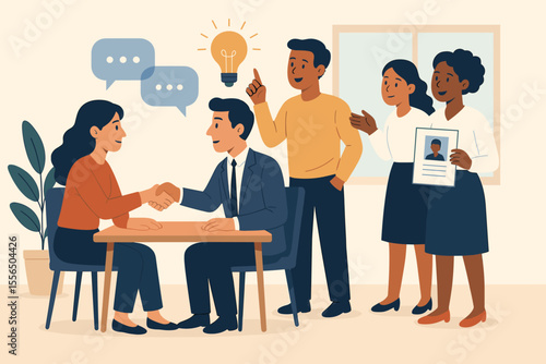 Business Job Interview, Recruitment Process, Team Communication, Brainstorming, Hiring Decision, Modern Office, HR Manager Shaking Hands with Candidate, Flat Vector Illustration, Employment Concept