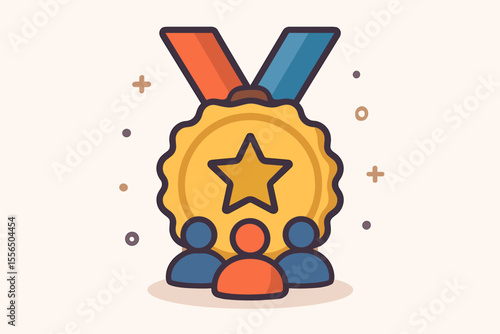 Quality Guarantee Medal Icon with Star, Ribbon, Teamwork Symbol, High Rating Award, Leadership Recognition, Achievement Badge, Modern Flat Vector Illustration, No Text, Business Success Concept