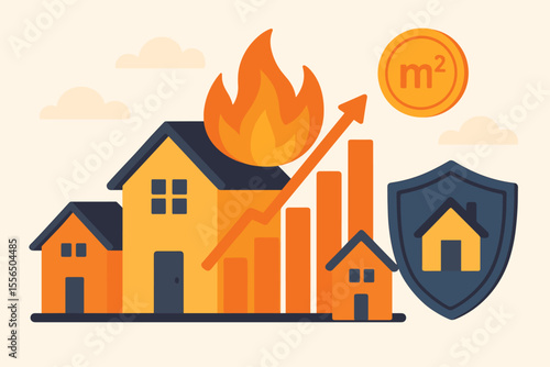 Real estate market growth concept. Rising property value, house price increase, square meter cost up, market on fire, home insurance protection. Modern flat vector illustration.