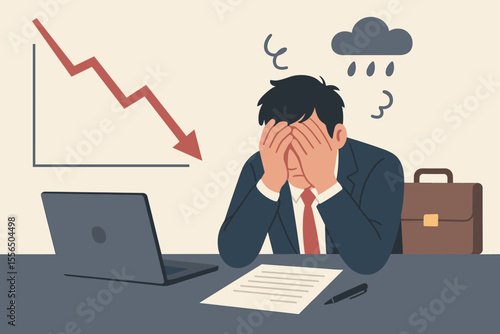 Business Failure Stress Concept. Frustrated Businessman at Desk with Declining Graph, Financial Loss, Anxiety, Depression, Regret, Bankruptcy, Economic Crisis, Unemployment, Workplace Burnout