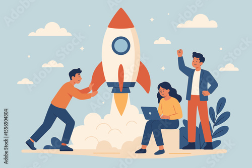 Business startup launch teamwork success, young entrepreneurs collaborating, rocket metaphor for innovation, new company growth, goal achievement, creative business development, leadership concept