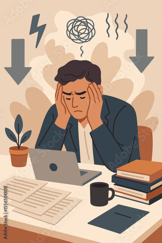 Workplace stress and anxiety concept. Overwhelmed office worker at desk with laptop, paperwork, books, coffee, financial crisis, burnout, excessive workload, mental health pressure, responsibility