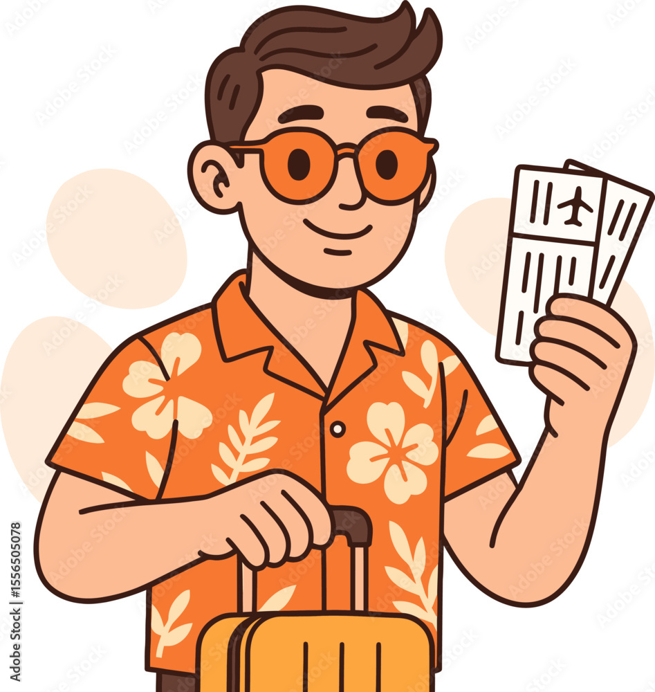 Happy traveler with suitcase and boarding passes. Travel and vacation vector illustration Happy traveler with suitcase and boarding passes. Travel and vacation vector illustration