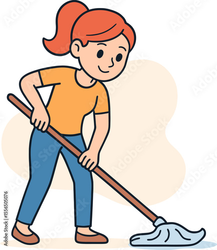 Young woman mopping floor with wooden mop. Flat vector concept of cleaning, hygiene, home care
