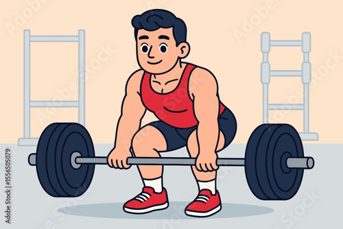 Strong man doing deadlift with barbell at gym. Flat vector concept of fitness and muscle training