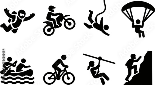 Set of extreme outdoor activity solid icons. Skydiving, zipline, rafting, rock climbing