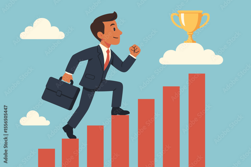 Ambitious Businessman Climbing Bar Graph Steps Toward Trophy Success, Career Growth, Achievement, Corporate Ladder, Motivation, Professional Progress, Vector Illustration, No Text Ambitious Businessman Climbing Bar Graph Steps Toward Trophy Success, Career Growth, Achievement, Corporate Ladder, Motivation, Professional Progress, Vector Illustration, No Text