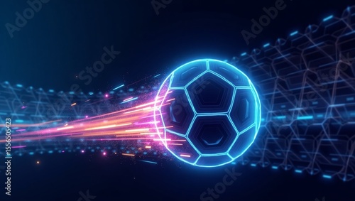 Bola de futebol estilizada com contornos neon (cores como rosa, roxo, azul e amarelo)