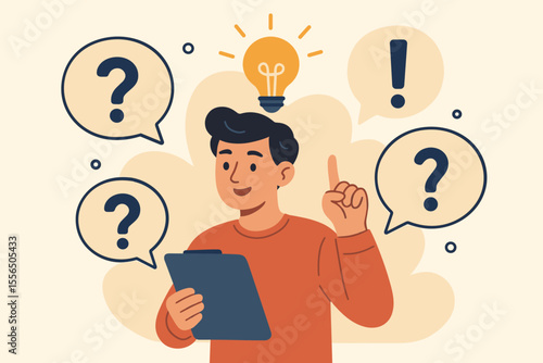 Man Answering Question Online, Solving Problem with Idea, FAQ Concept, Knowledge Support, Lightbulb Inspiration, Laptop Learning, Modern Flat Vector Cartoon Illustration