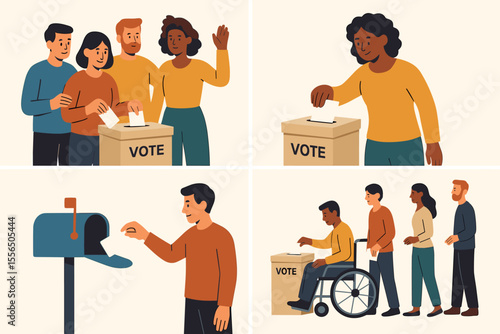 Diverse group of people voting at polling station, casting paper ballots in box, mail-in voting, accessible election, democracy, civic participation, inclusive modern flat vector illustration