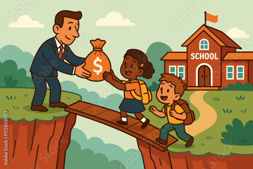 Businessman Donating Money to Schoolchildren Crossing Bridge Gap, Education Funding Support, Financial Aid for Students, Educational Charity, Vector Cartoon, School Building Background