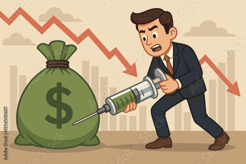 Businessman injecting money into economy with giant syringe, financial stimulus during recession, economic recovery concept, cartoon vector, falling stock market, crisis intervention illustration