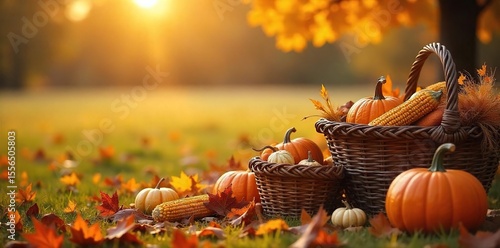 Golden hour sunlight bathes a bountiful autumn harvest, pumpkins, gourds, and corn overflowing from woven baskets A feeling of peaceful abundance and fall's gentle end , farm, nature, texture
