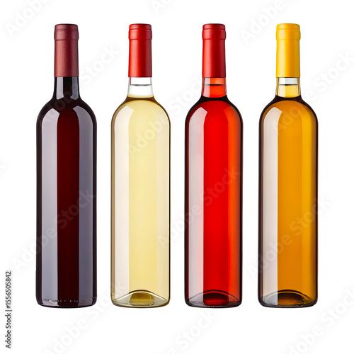 Set of four wine bottles isolated on transparent background