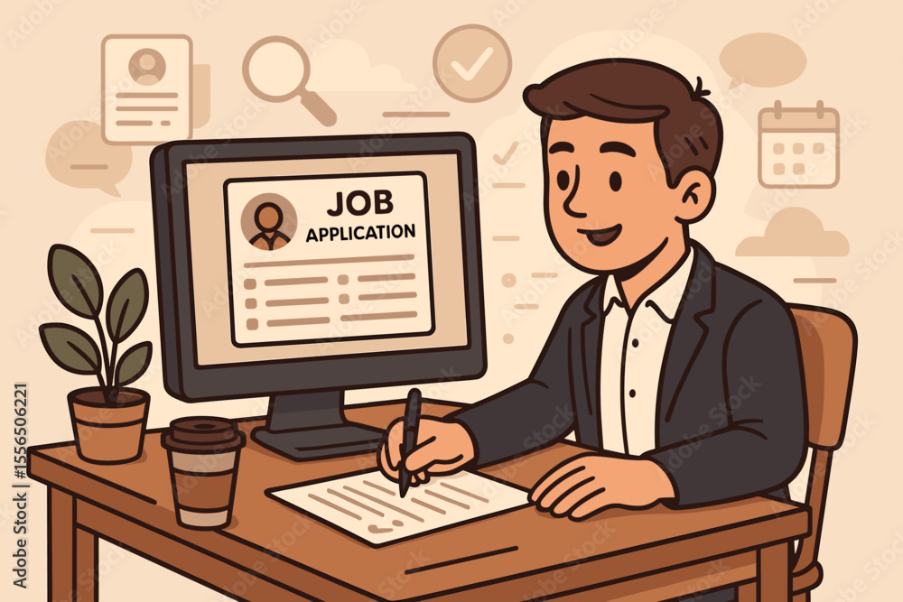 Professional job application process vector. Cartoon businessman filling out employment form at desk with computer. Recruitment, hiring, career search, office workspace, HR concept illustration Professional job application process vector. Cartoon businessman filling out employment form at desk with computer. Recruitment, hiring, career search, office workspace, HR concept illustration