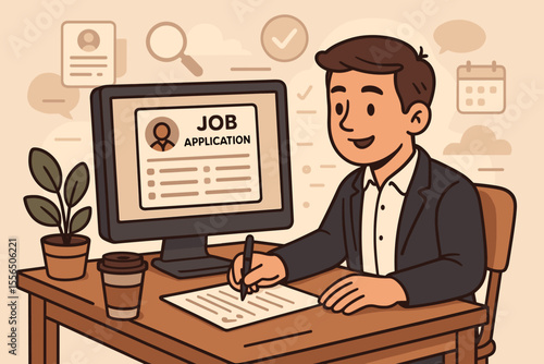 Professional job application process vector. Cartoon businessman filling out employment form at desk with computer. Recruitment, hiring, career search, office workspace, HR concept illustration
