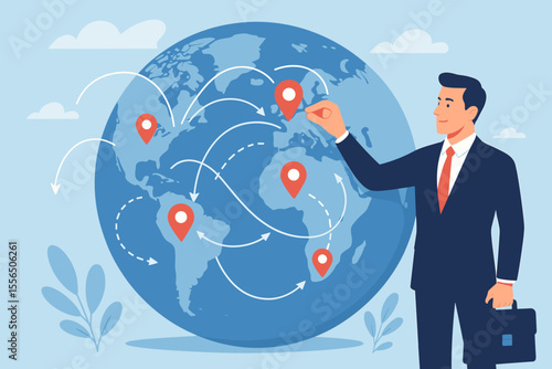 Global business expansion, international company growth, franchising, opening new branches worldwide, CEO planning global locations, business strategy, connecting continents, corporate network concept