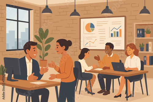 Diverse business team collaborating in a modern office or coworking space. Colleagues communicating, having a meeting and analyzing data charts. Corporate teamwork and strategy concept.