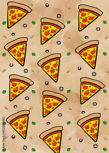 A pattern of pizza slices with some vegetables as a phone wallpaper.