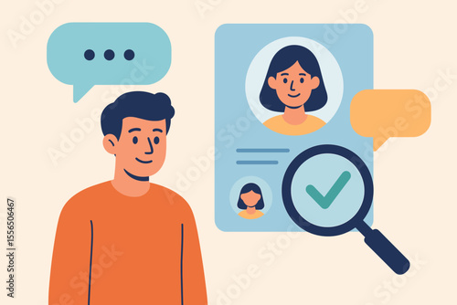Profile verification and online communication vector. Man reviews user account with magnifying glass and checkmark. Digital networking, identity validation, HR, recruitment, chat bubbles.