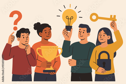 Teamwork Problem Solving Concept. Diverse People Holding Question Mark, Trophy, Light Bulb, Key, Lock. Success, Innovation, Solution, Self Growth, Achievement, Modern Flat Vector Illustration