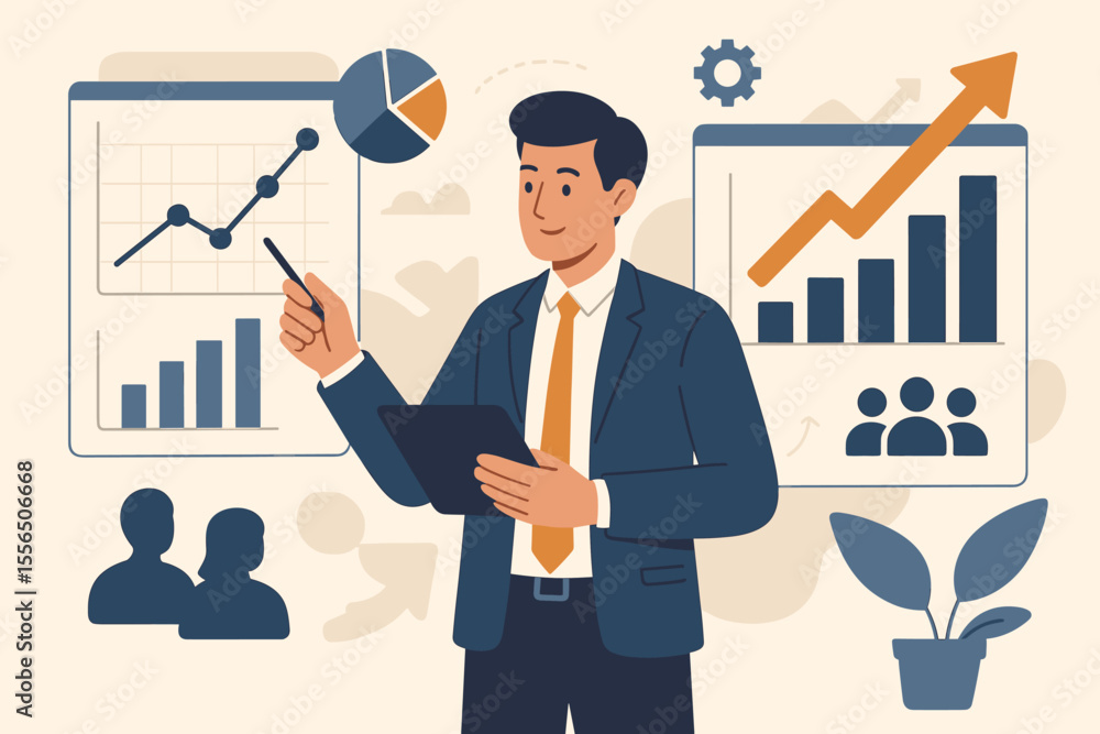 Data analysis concept with a businessman presenting a growth report. Professional manager using a tablet with charts, graphs, and statistics. Vector for finance, marketing, and strategy. Data analysis concept with a businessman presenting a growth report. Professional manager using a tablet with charts, graphs, and statistics. Vector for finance, marketing, and strategy.