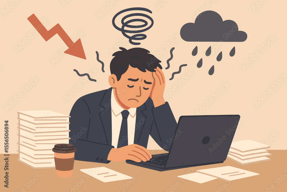 Overwhelmed Office Worker Stress Anxiety Burnout Concept. Businessman Under Pressure, Economic Crisis, Work Overload, Deadlines, Depression, Mental Health, Workplace Problems, Flat Vector Illustration Overwhelmed Office Worker Stress Anxiety Burnout Concept. Businessman Under Pressure, Economic Crisis, Work Overload, Deadlines, Depression, Mental Health, Workplace Problems, Flat Vector Illustration