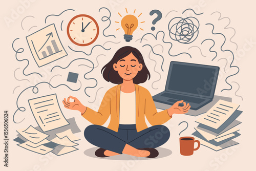 Meditation for Stress Management at Work. Woman Practicing Mindfulness Amid Office Chaos, Anxiety, Paperwork, Deadlines, Laptop, Coffee. Calm, Emotional Control, Productivity, Mental Health Concept